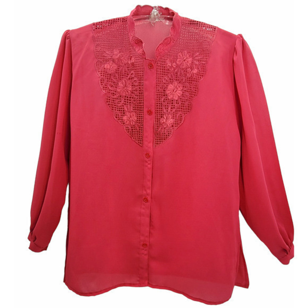 Vintage Lolita Pink Lace Yoke Sheer Long Sleeve Button Up Blouse Top‎